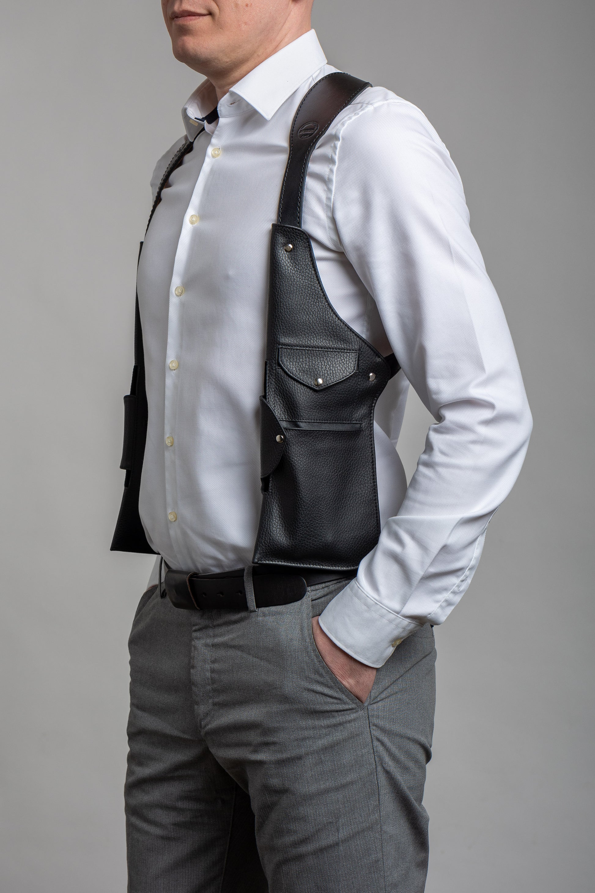 Leather Shoulder Holster Bag with 10 Pockets (2 Closed)